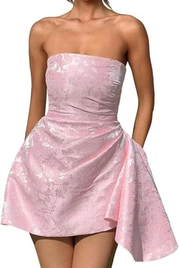 Elegant Short A-line Strapless Ruffle Jacquard Satin Homecoming Dress