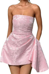 Elegant Short A-line Strapless Ruffle Jacquard Satin Homecoming Dress
