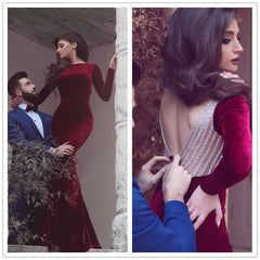 Burgundy Long Mermaid Backless Velvet Formal Evening Dress with Sleeves