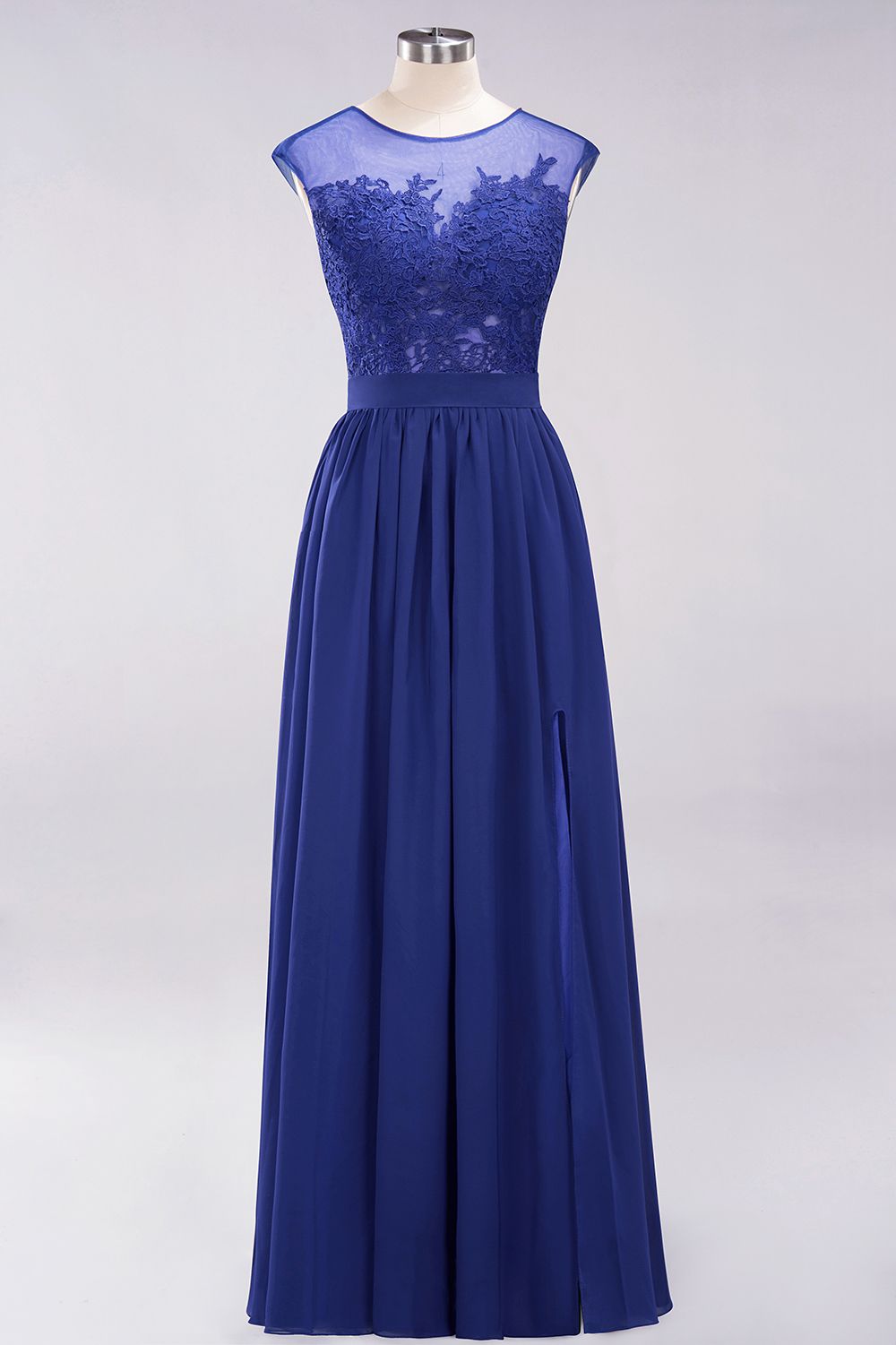 A-line Chiffon Lace Jewel Sleeveless Floor Length Bridesmaid Dresses with Appliques