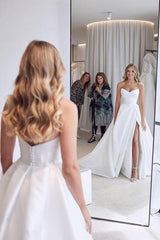 Long Sweetheart Satin A-Line Floor Length Ruffles Wedding Dress With Side Slit