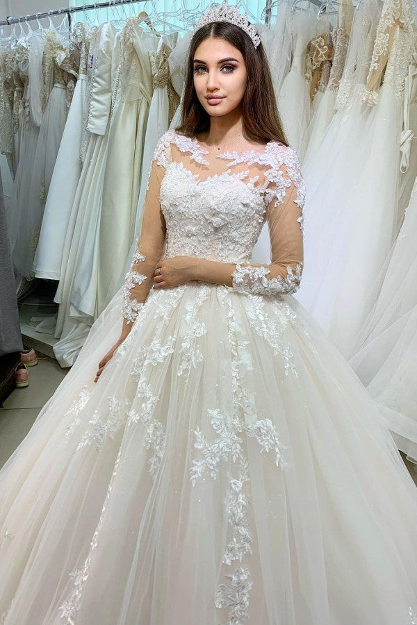 Classy Bateau Long Sleeve Appliques Lace Tulle Floor Length A-line Wedding Dress