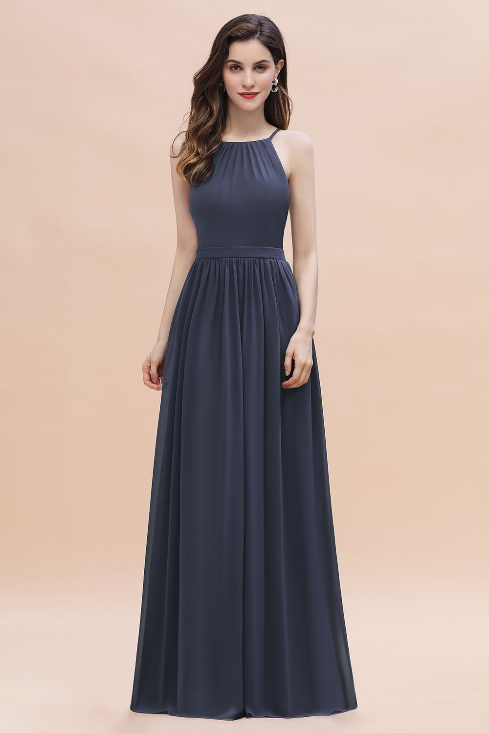 Elegant Long Sleeveless Halter Chiffon A-Line Wedding Guest Dresses