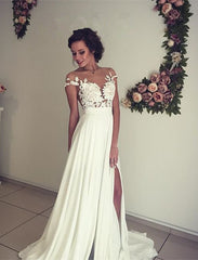 Elegant Long A-Line Chiffon Appliques Lace Ruffles Wedding Dress With Side Slit