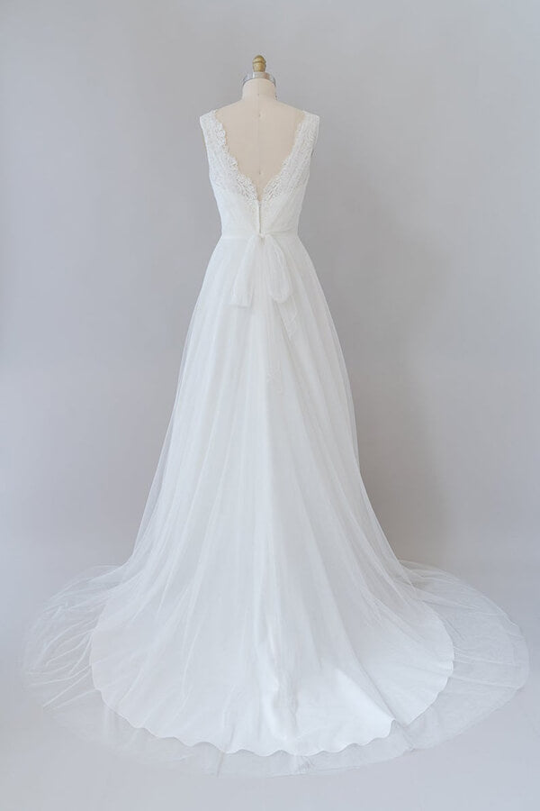 Long Ruffle V-neck Lace Tulle A-line Wedding Dress