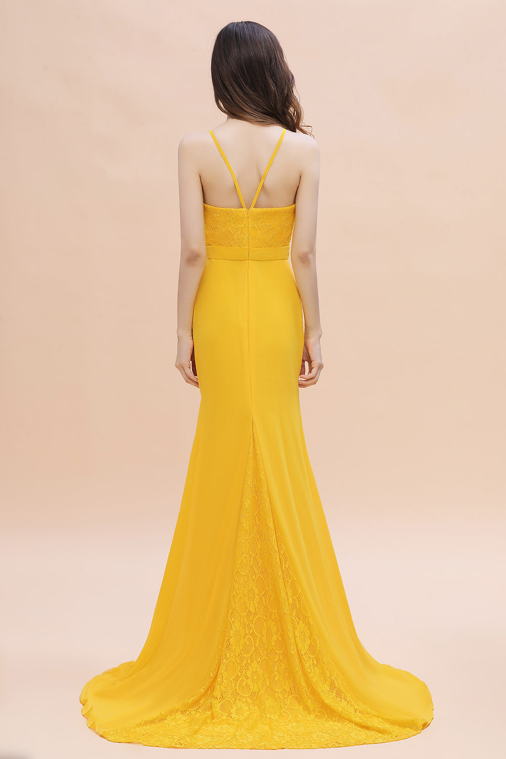 Bright Yellow Jewel Neck Mermaid Bridesmaid Dress Backless Wedding Guest Dress