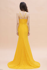 Bright Yellow Jewel Neck Mermaid Bridesmaid Dress Backless Wedding Guest Dress