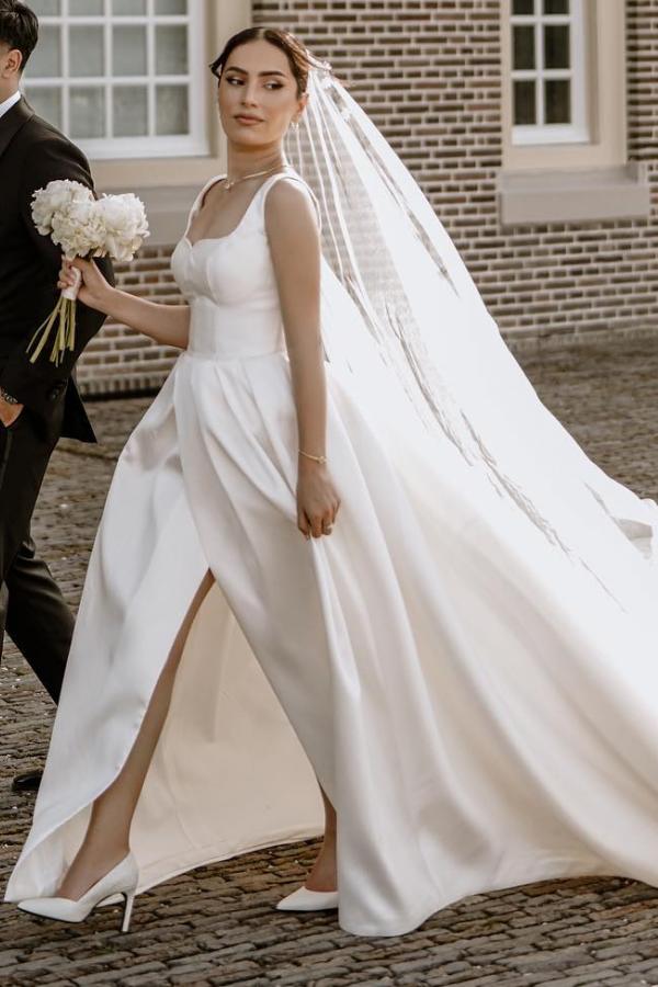 Satin Split Front Square Neck A-Line Satin Long Wedding Dress