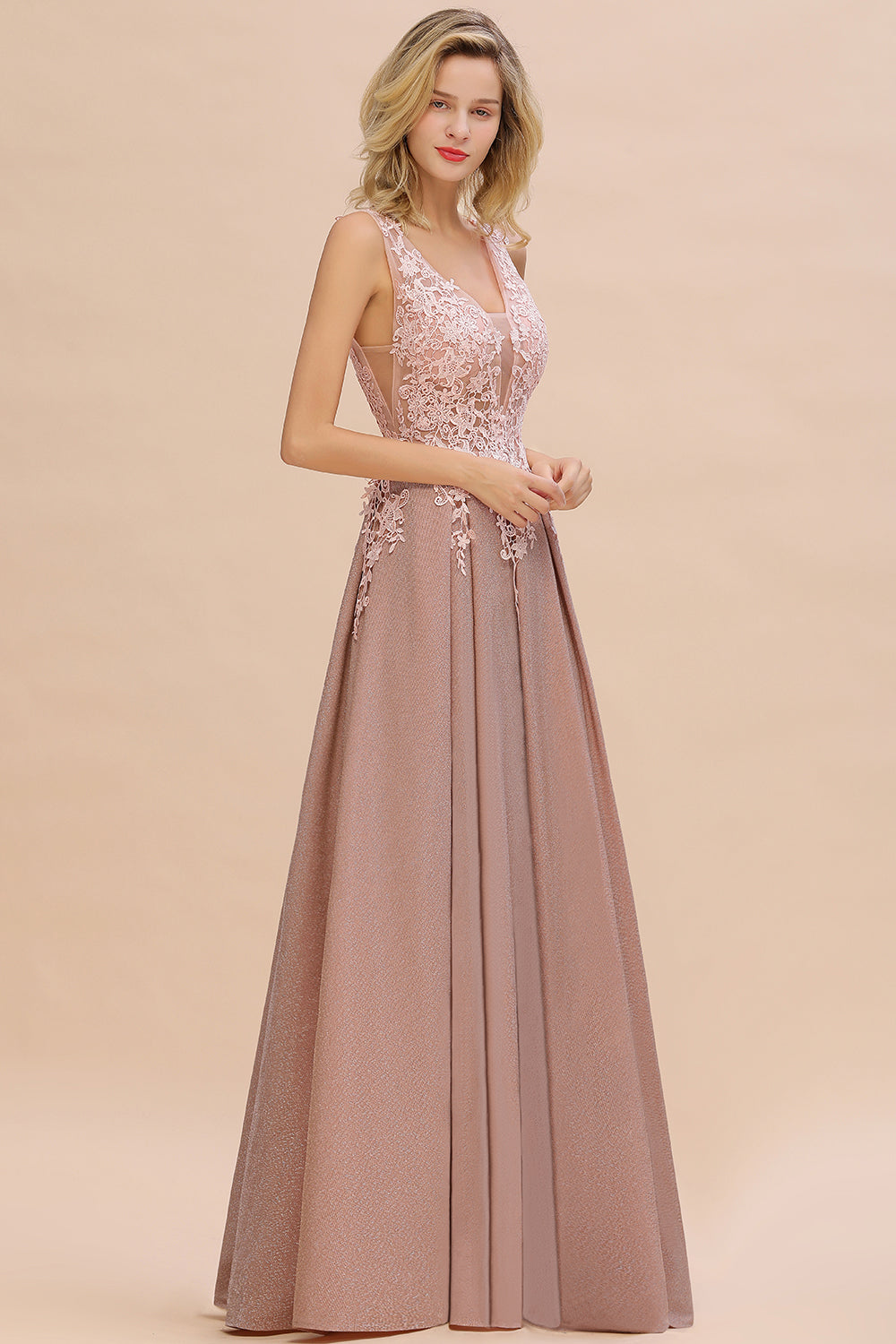 Long A-line V-neck Sleeveless Lace Bridesmaid Dresses