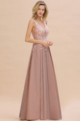 Long A-line V-neck Sleeveless Lace Bridesmaid Dresses