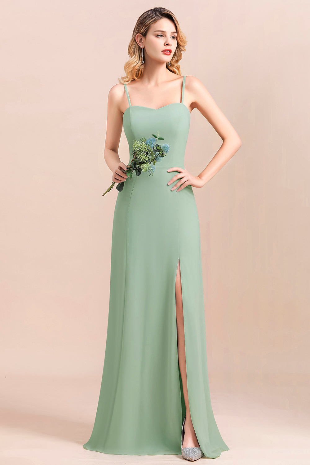Romantic Sage Long Spaghetti Straps A-Line Chiffon Bridesmaid Dress With Side Slit