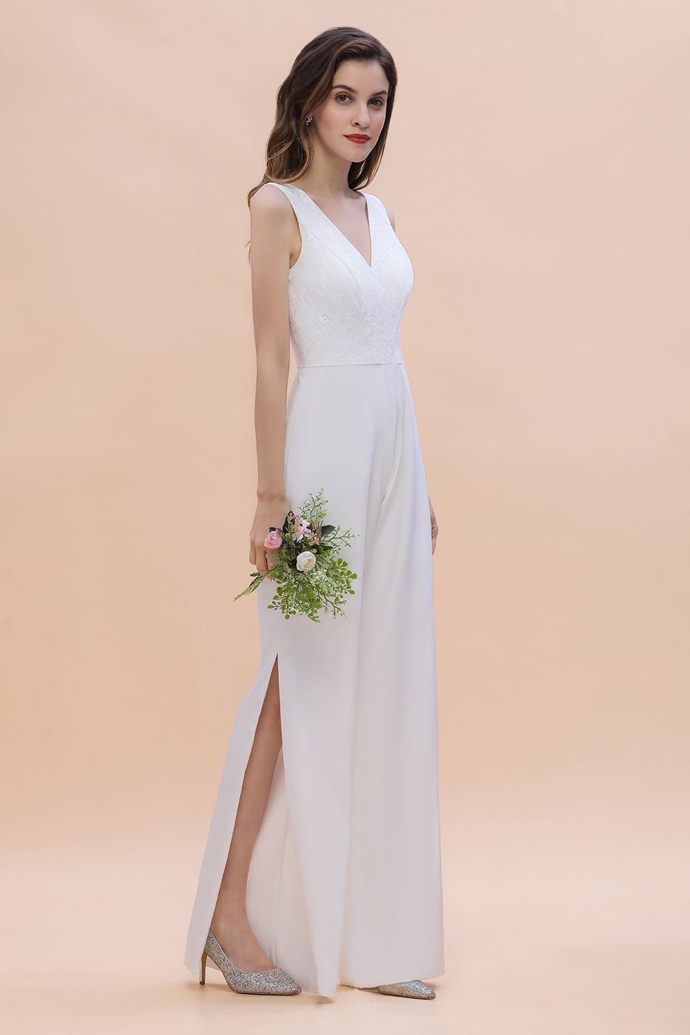 Chic White Deep V-neck Bridesmaid Dress Backless Floor Length Jumpsuit