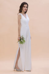 Chic White Deep V-neck Bridesmaid Dress Backless Floor Length Jumpsuit