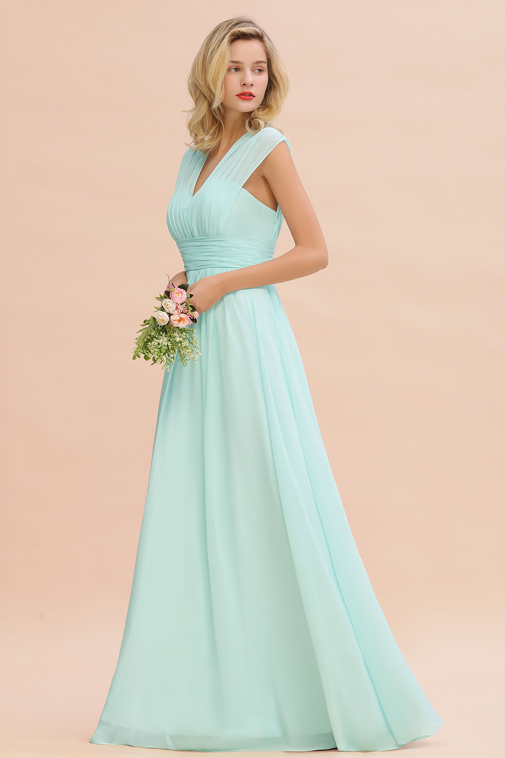 Chiffon V-Neck Sleeveless Elegant A-line Ruffles Bridesmaid Dress