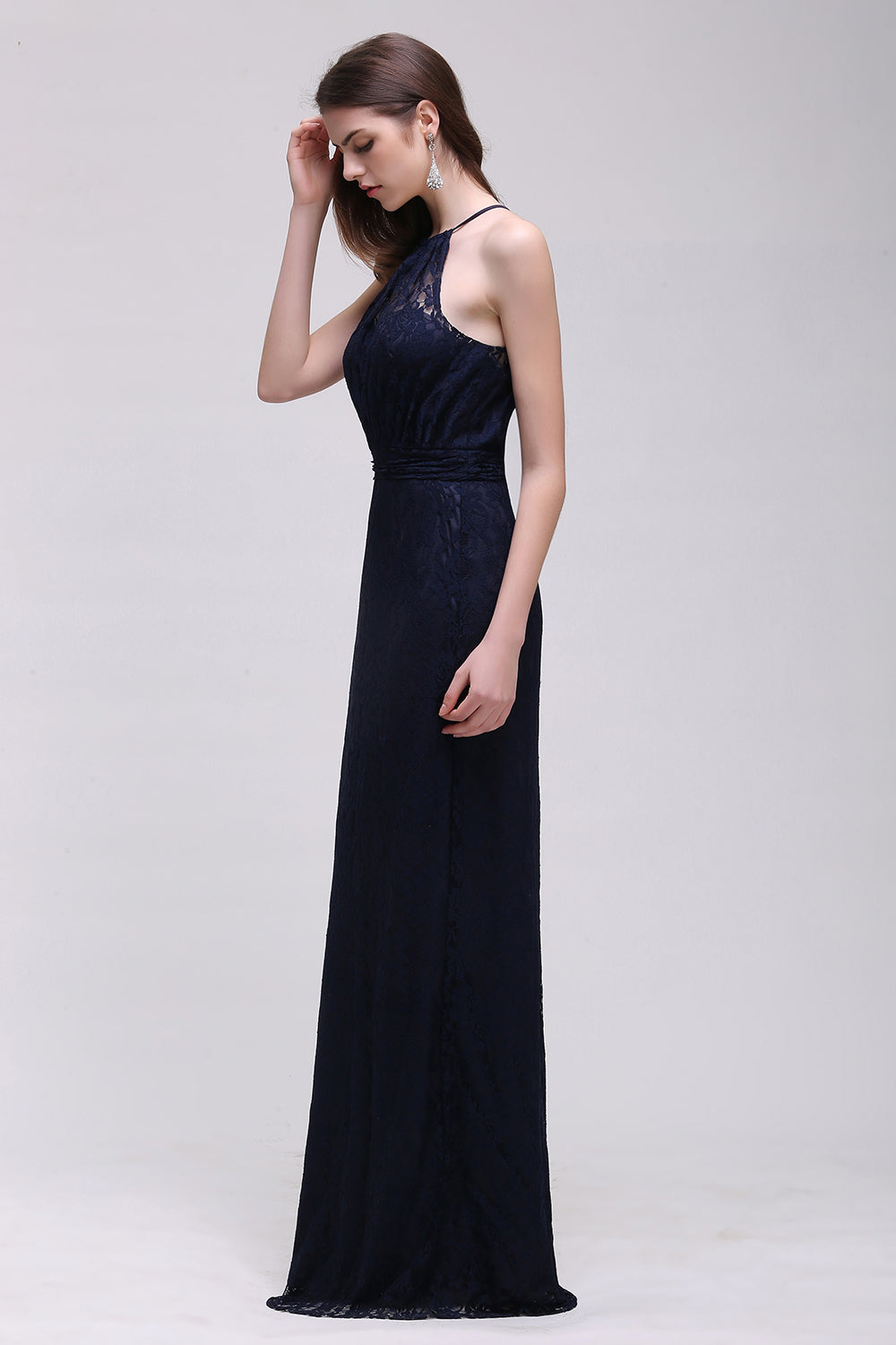 Elegant A-Line Lace Halter Sleeveless Floor Length Bridesmaid Dress