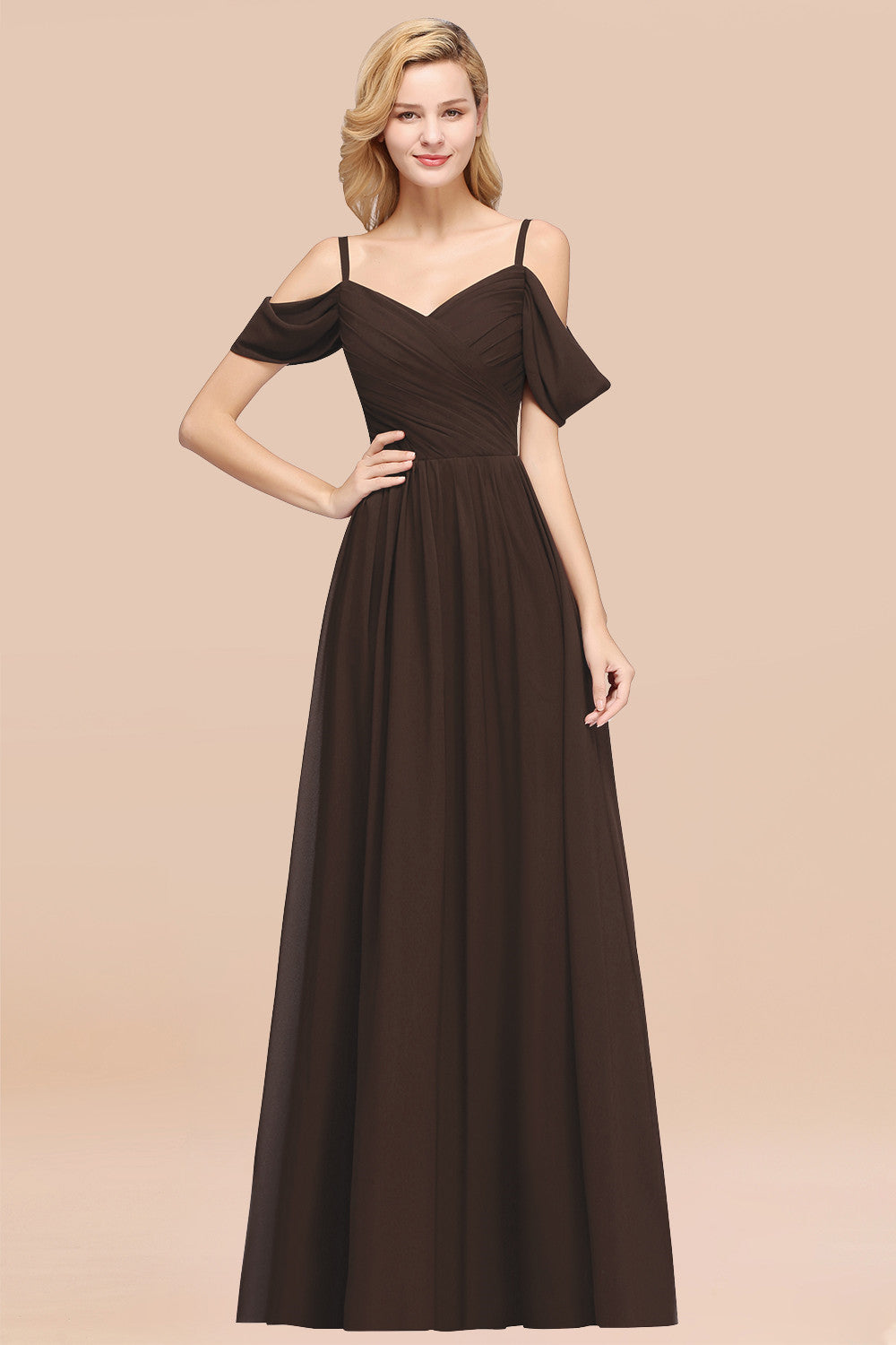 A-Line Chiffon V-Neck Spaghetti Straps Short Sleeves Floor Length Bridesmaid Dresses with Ruffles