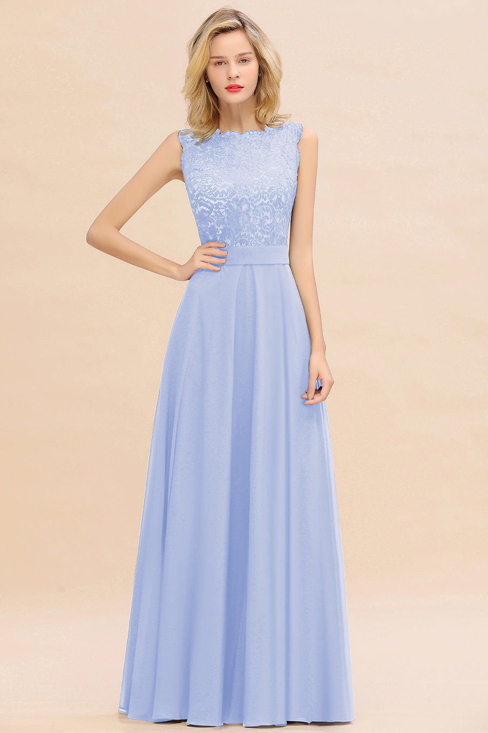 Long A-line Chiffon Lace Sleeveless Bridesmaid Dresses