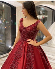 Gorgeous Long Burgundy V-neck Backless A-Line Appliques Beading Satin Ruffles Train Wedding Dress
