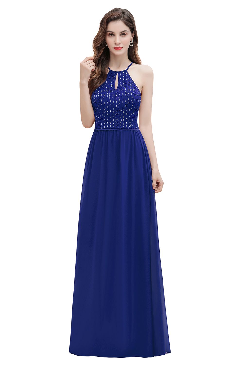 Long Halter Sequins A-line Chiffon Bridesmaid Dresses
