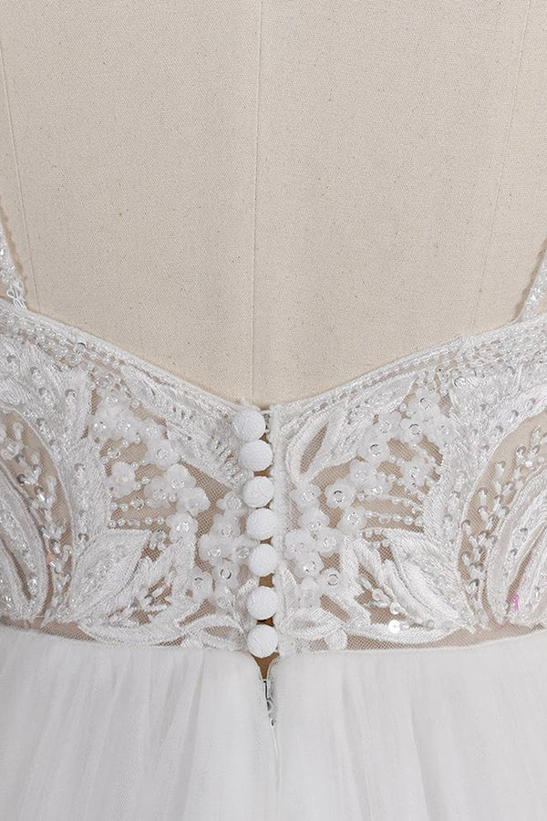 Chic Long A-line Spaghetti Strap Appliques Tulle Wedding Dress