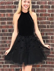 Black Short Halter Tulle A-line Homecoming Dress