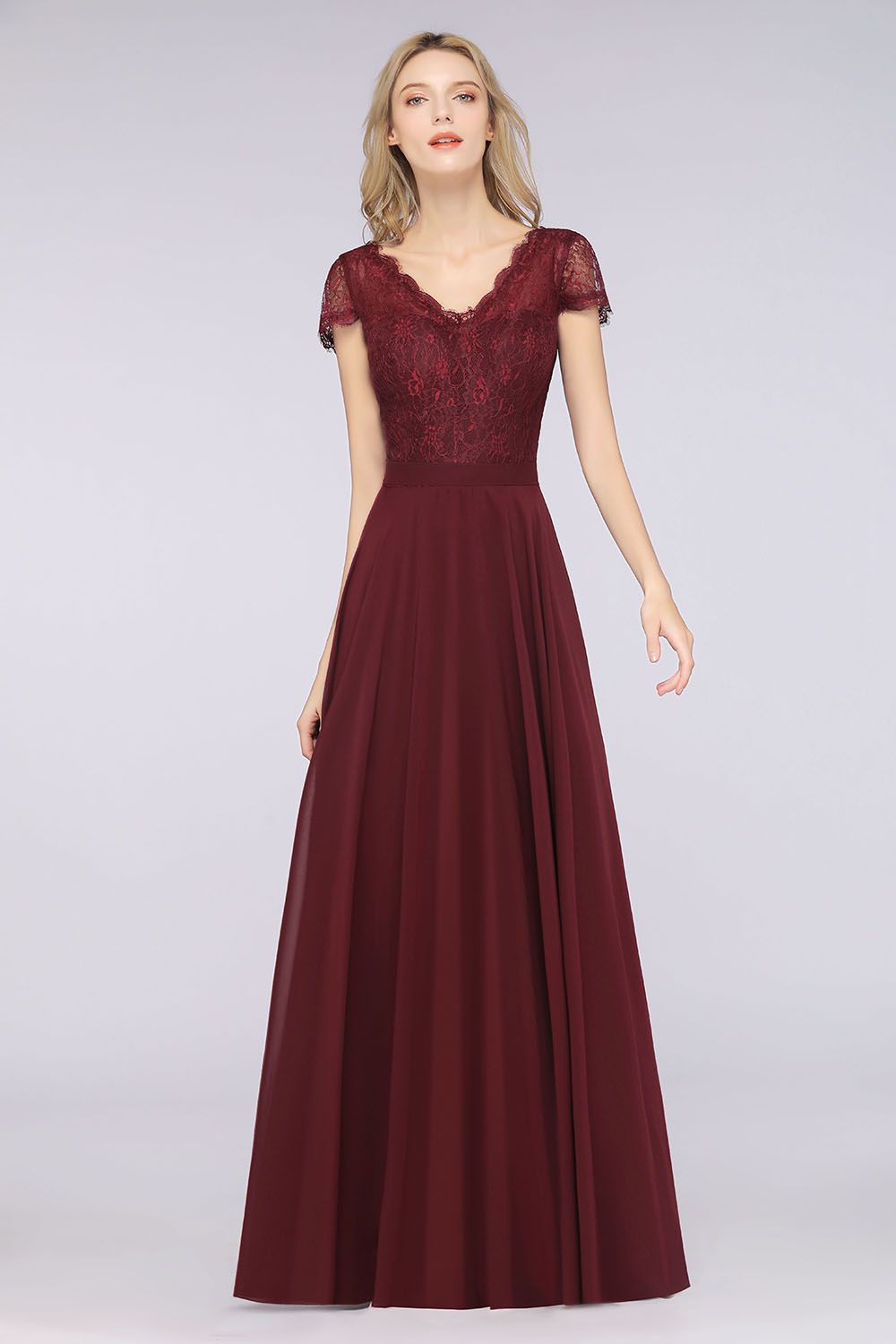 A-Line Chiffon Lace V-Neck Cap-Sleeves Floor Length Bridesmaid Dress