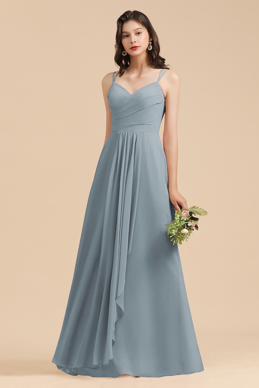 Long A-line V-Neck Chiffon Dusty Blue Wedding Guest Dress