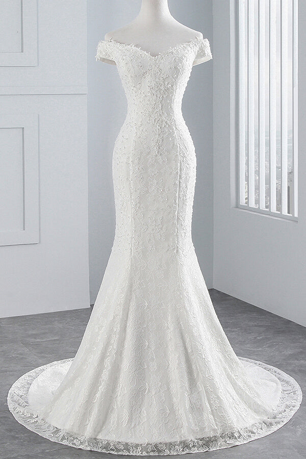 Long Off the Shoulder Lace-up Mermaid Lace Wedding Dress
