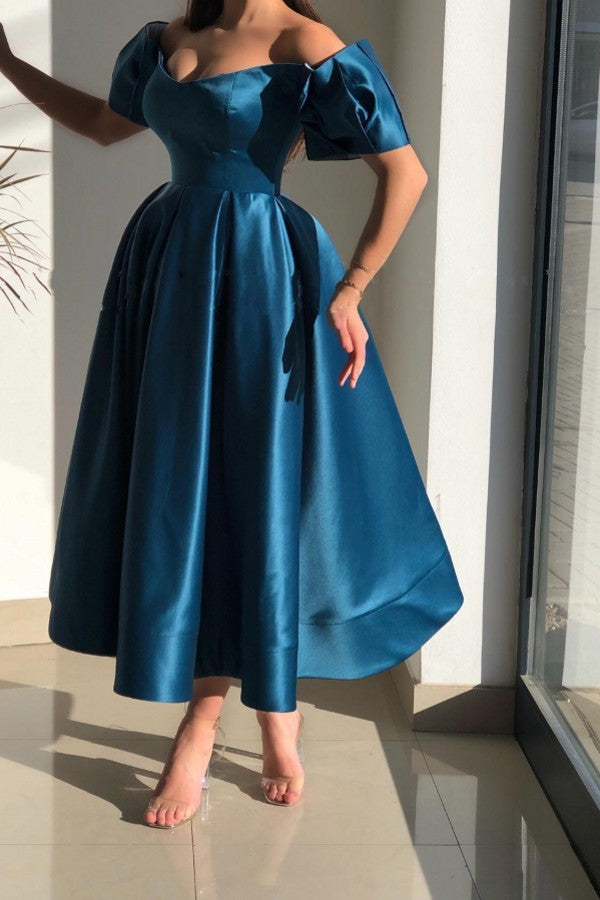 Simple Short A-line Off the Shoulder Satin Party Dress with Sleeves