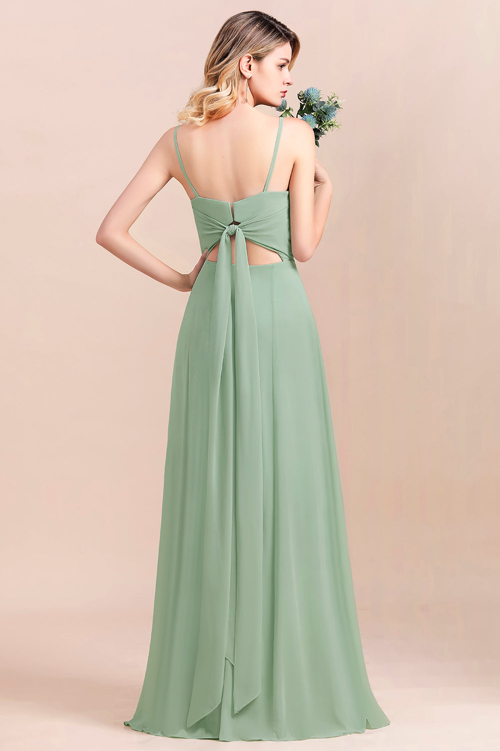Romantic Sage Long Spaghetti Straps A-Line Chiffon Bridesmaid Dress With Side Slit