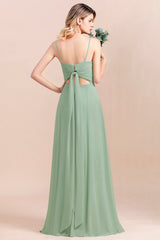 Romantic Sage Long Spaghetti Straps A-Line Chiffon Bridesmaid Dress With Side Slit