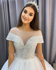 Elegant Long A-Line Bateau Sequins Crystal Short Sleeve Tulle Train Wedding Dress