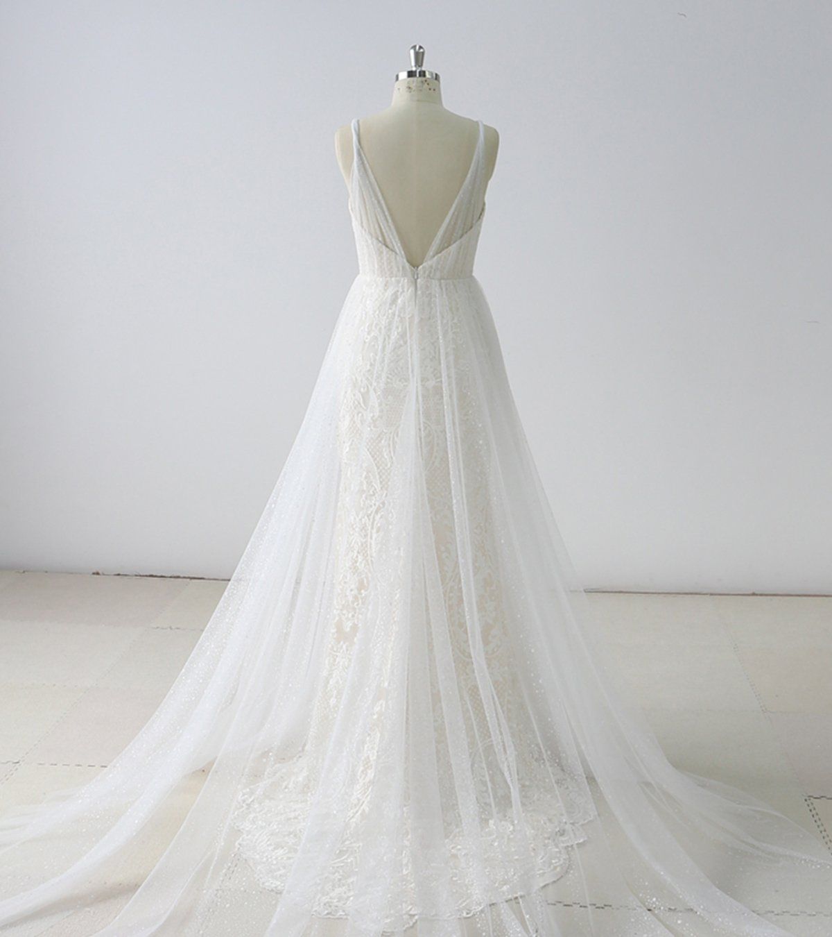 Simple White A-line Lace V Neck Long Spaghetti Straps Wedding Dress