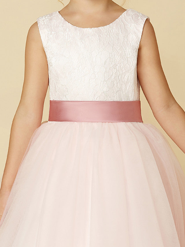 Long A-line Tulle Sleeveless Jewel Neck Flower Girl Dresses with Appliques Lace