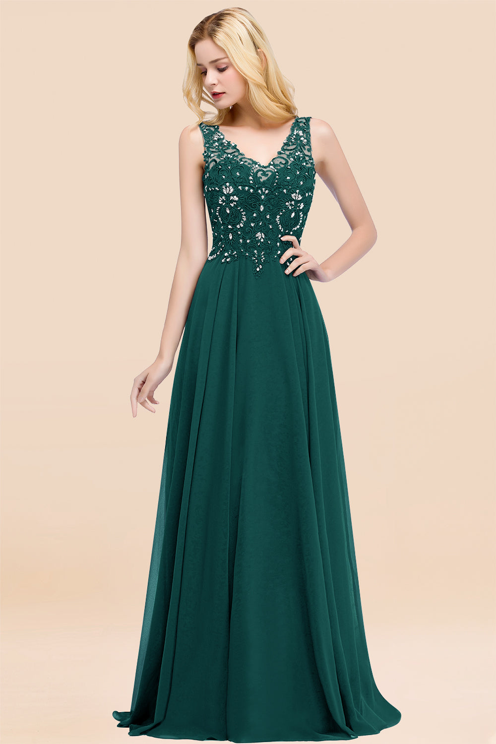 Dusty Rose Lace V-Neck Long Bridesmaid Dresses With Appliques