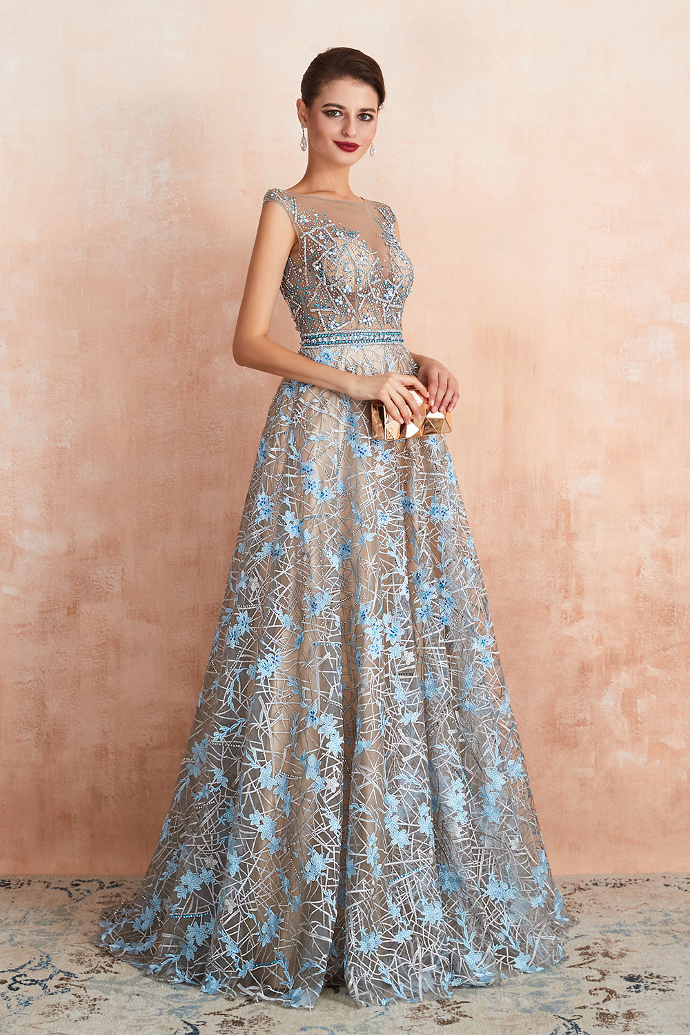 Long Jewel Lace A-line Tulle Lace Formal Evening Dress