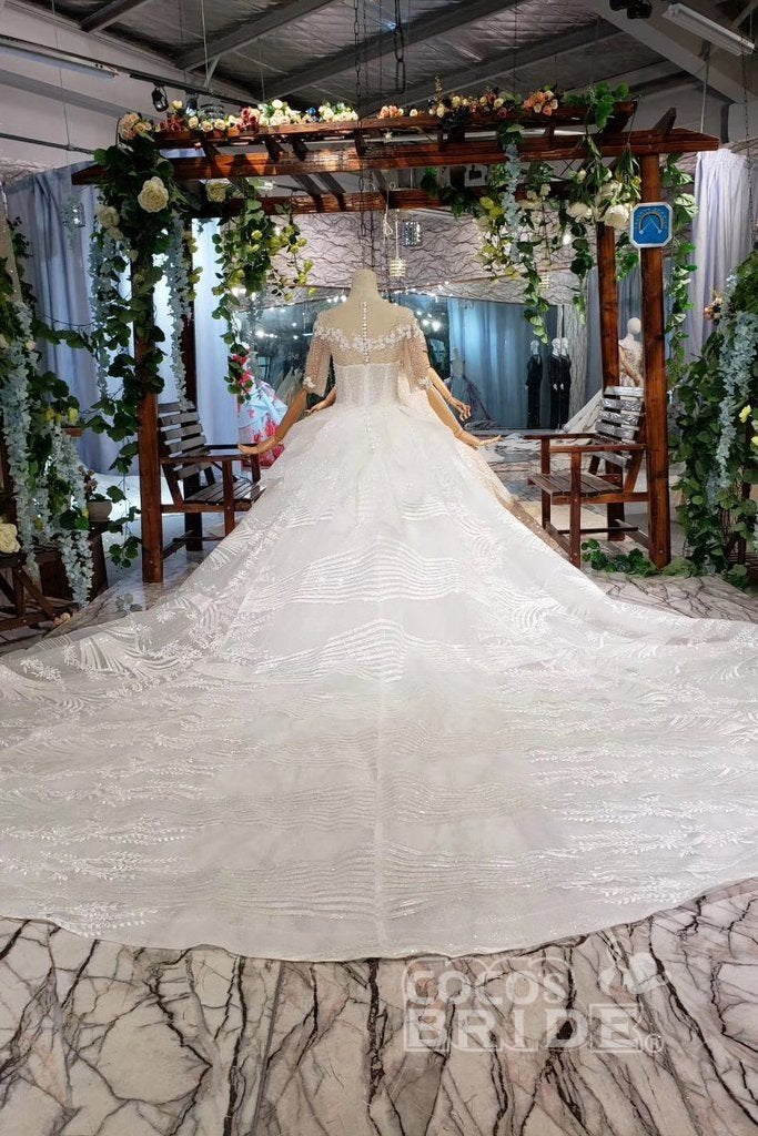 Ball Gown Half Sleeves Lace with Sequins Long Wedding Dress