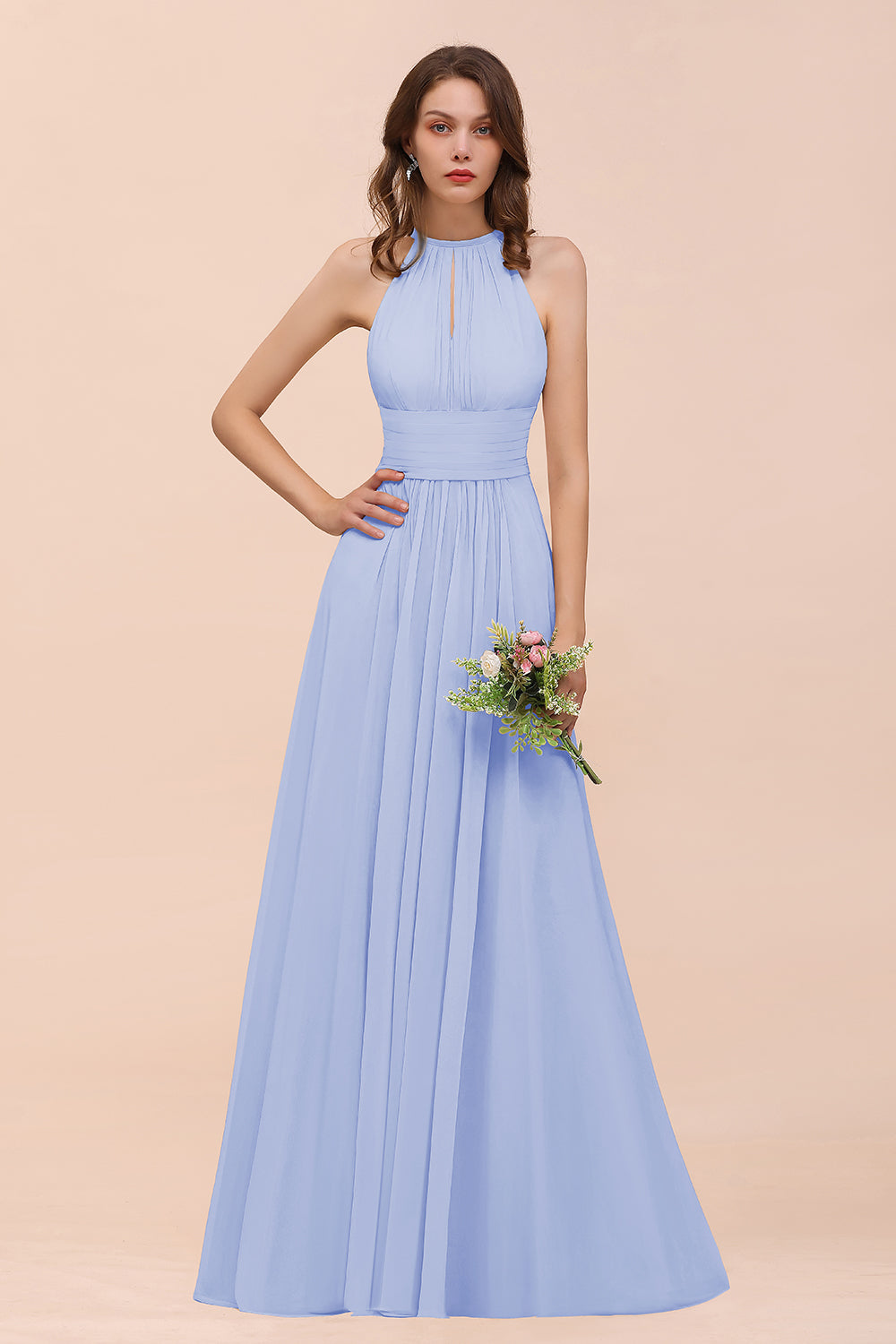 Elegant Long A-Line Jewel Ruffle Chiffon Champagne Bridesmaid Dress