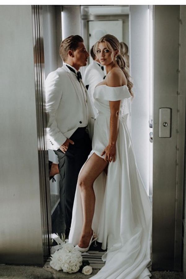 Simple Long Off The Shoulder V-Neck Satin A-Line Wedding Dress with Slit