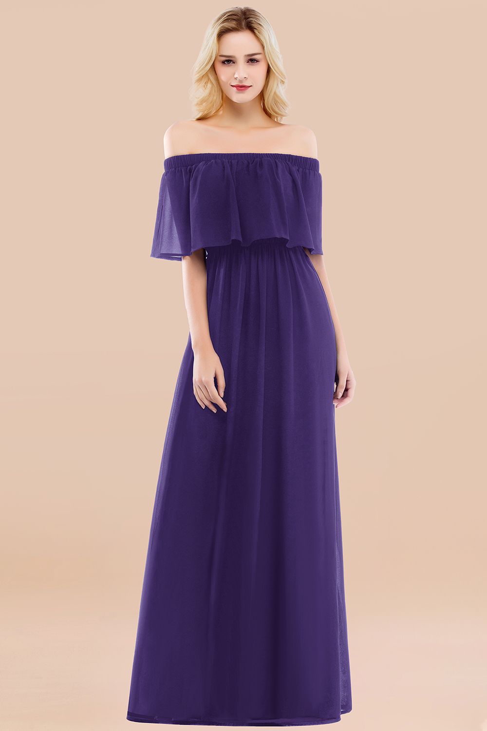 A-line Chiffon Off the Shoulder Short Sleeves Ruffles Floor Length Bridesmaid Dress