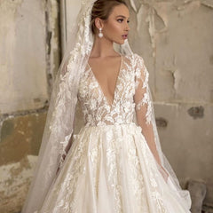 Elegant Deep V-neck Long Sleeve Appliques Lace Ruffles Tulle A-Line Floor Length Wedding Dress