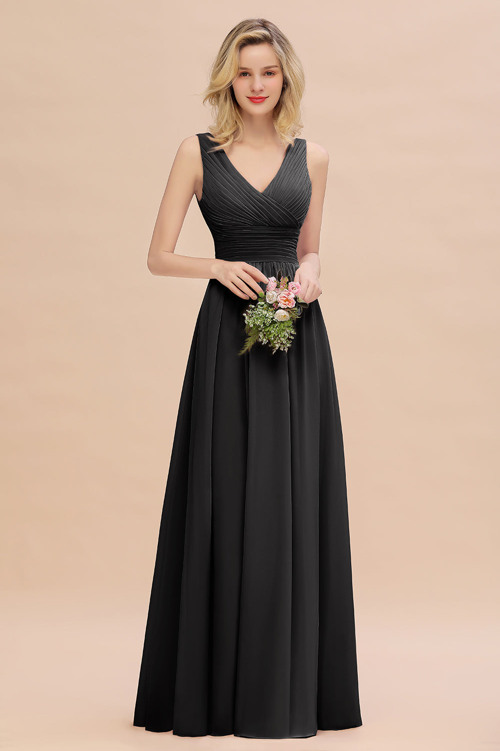 Elegant A-line V-Neck Ruffles Long Bridesmaid Dress