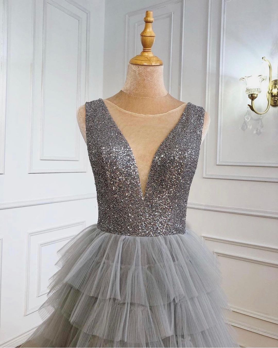 Long A-line V-neck Open Back Sequins Tulle Floor Length Prom Dress