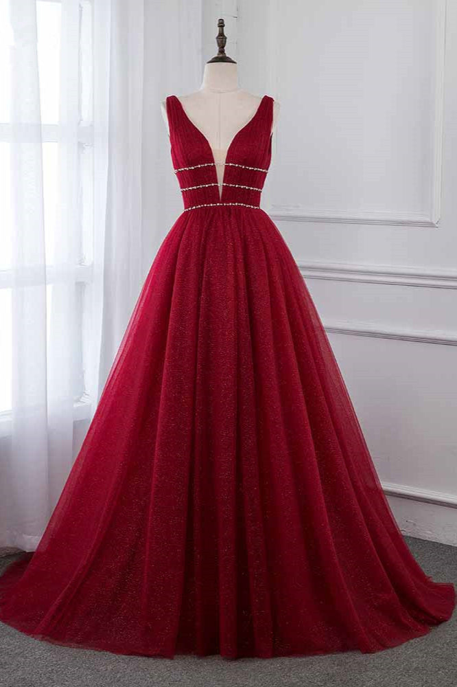 Long A-Line V-neck Wide Straps Sequins Beading Floor Length Prom Dress