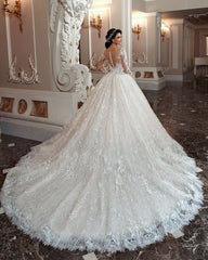 Elegant Long Sleeves Bateau Beading A-Line Appliques Lace Train Wedding Dress