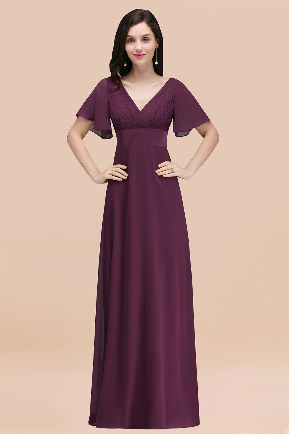 Simple A-Line Chiffon V-Neck Short Sleeves Ruffles Floor Length Bridesmaid Dresses