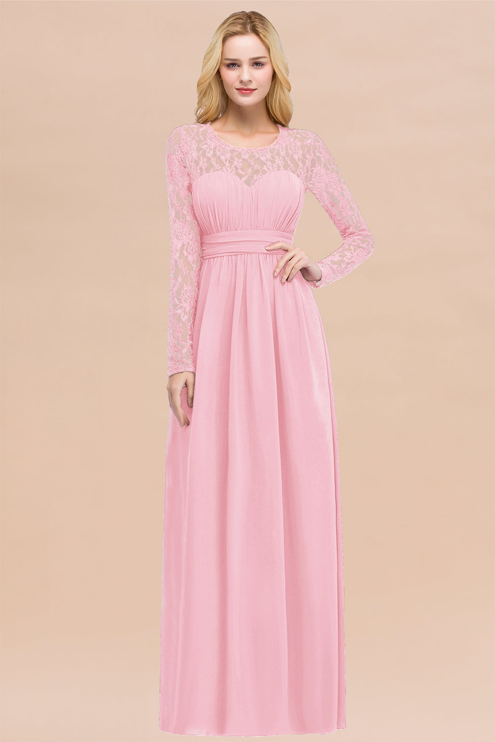 Elegant A-Line Chiffon Jewel Long Sleeves Ruffles Floor Length Bridesmaid Dresses