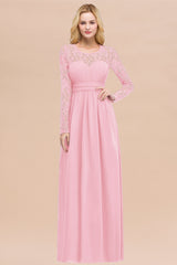 Elegant A-Line Chiffon Jewel Long Sleeves Ruffles Floor Length Bridesmaid Dresses