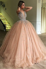 Elegant Long V-neck Straps Tulle Ball Gown Prom Dress