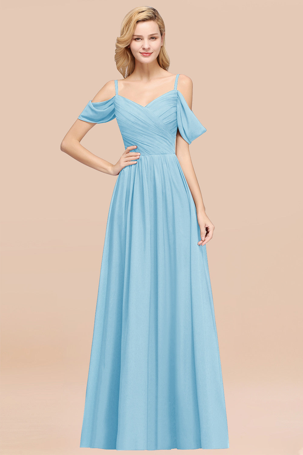 A-Line Chiffon V-Neck Spaghetti Straps Short Sleeves Floor Length Bridesmaid Dresses with Ruffles